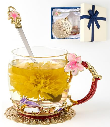 Teetasse mit Blume, Lilienblüte, klares Glas, ausgefallene Kaffeetasse mit Löffel, Geschenkbox für Mutter, Ehefrau, Oma, Mädchen, Freunde, Valentinstag, Weihnachten, Geburtstag, Geschenkidee für Saft,