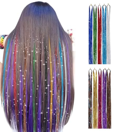 AIYVELU 2000 Glitter Haarverlängerungen,10 Farbe Metallic Haarverlängerungen,Fee Haar Metallic Haarverlängerungen Kit,93cm gerade lange Perücke Haar Zubehör,Für Mädchen Frauen Kinder
