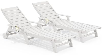 SERWALL Set di 2 chaise longue da patio, 5 posizioni, regolabili, in polietilene, per piscina, sedia a sdraio in HDPE, con ruote girevoli e portabicchieri, per bordo piscina, terrazza, bianco