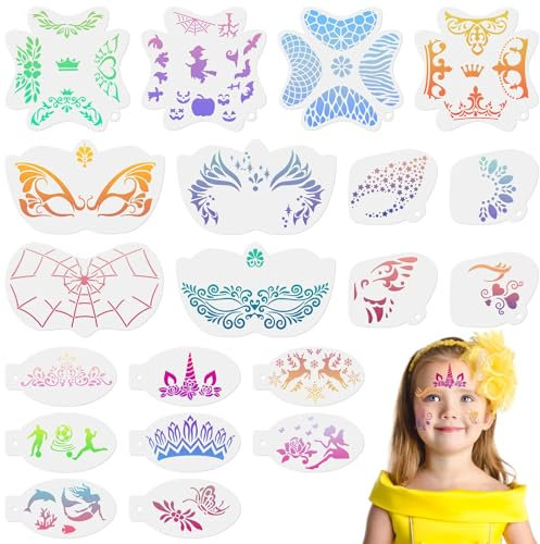 URAQT Plantilla de Pinturas Cara, 20 Plantillas para Pintura Facial para Niños Adulto, Plantillas para Pintura Corporal Reutilizables para Halloween Fiestas de Maquillaje Carnaval