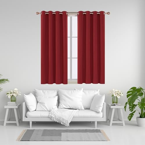 J.Din Blackout Curtains for Bedroom/Living Room, Black out super soft Thermal Insulated curtains & drapes, Ring Top Eyelet Curtain for window, 2 Panels with Tie backs (Red, 90 Wide x 72 Drop)