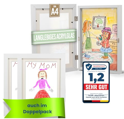 KIYARI Bilderrahmen Kinderzeichnungen A4 2er Set Holz Weiß Frontöffnung | A4 Bilderrahmen aus Holz, Magnetische Frontöffnung, Platz für bis zu 150 Bilder, Bruchsicheres Acrylglas