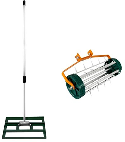 SET Nivelador de Césped 50x32cm + Aireador Manual Rodante de Césped 42cm ancho (Púas 3.8cm) | VERDE| Acero | Mango Extensible 1.15-1.9m | Aluminio | Jardinería Paisajismo Cultivo Exteriores