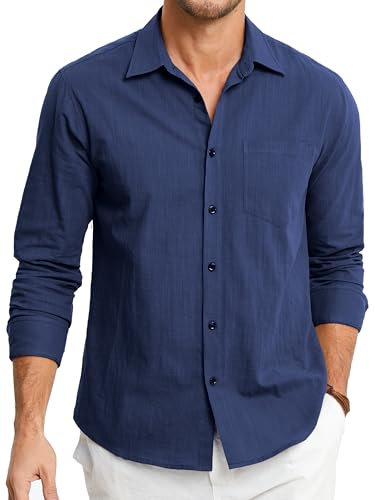 HISDERN Men's Long Sleeve Linen Shirts Button Up Regular Fit Lightwight Casual Summer Beach Shirt for Men with Pocket Navy Blue XL