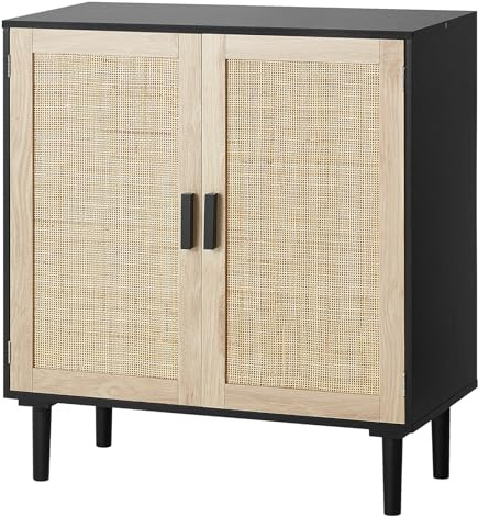 VEVOR Rattan Cabinet, Rattan Storage Cabinet with 2 Magnetic Doors and Adjustable Shelves, Sideboard Buffet Cabinet for Hallway, Entryway, Living Room, or Kitchen, Black