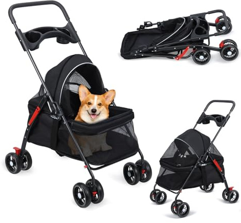 Smbcgdm Hundebuggy Hundewagen Hundebox Transporttasche Faltbar klappbar, 4 Räder, Hunde-Katzen-Kinderwagen, mit Getränkehalter, zusammenklappbarer Outdoor-Reise-Haustier-Kinderwagen