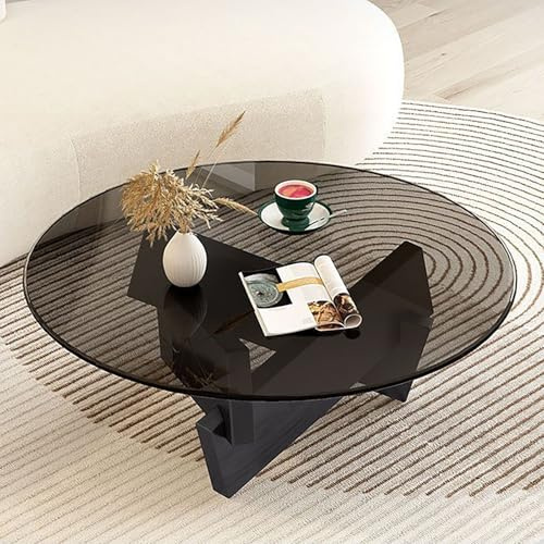 Valdoza Runde Couchtische Aus Glas, Kleiner Couchtisch Für Wohnzimmer, Rustikaler Kaffeetisch Für Landhausstil, Massivholzsockel, Einsteck- Und Zapfenstruktur, 70x70x31cm, Schwarz