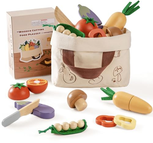 ROBOTIME Wooden Play Food, Kids Kitchen Cutting Set, Toddler Realistic Pretend Play Food, Montessori Learning Toys for Children, Educational Role Play Gift for Boys Girls Age 3+, Vegetable Set