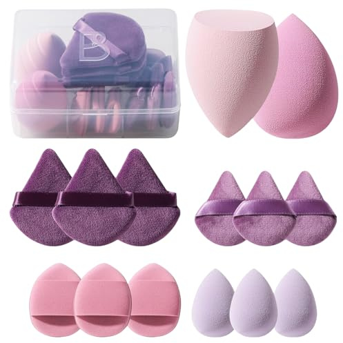 Makeup Sponge Set BS-MALL Triangle Puff 14 Pcs for Liquid, Cream, and Powder, Multi-colored Makeup Sponges and Mini Sponge with Case (A-Purple)