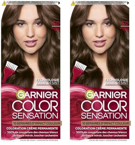 Garnier Color Sensation Châtain Clair 5.0, Coloration Crème Permanente Végétalienne, Sans cruauté, Tous Types de Cheveux, Couleur jusqu'à 10 Semaines & Couvre les Cheveux Blancs 100% (Lot de 2)