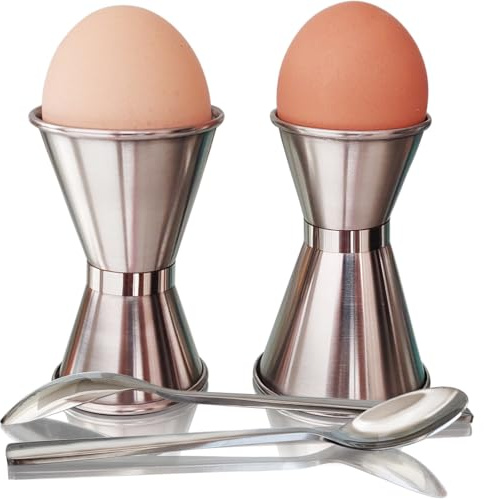 NobleEgg Universal Egg Cups and Spoons for Soft Boiled Eggs, All Chicken Egg Sizes | Stainless Steel | Set for 2