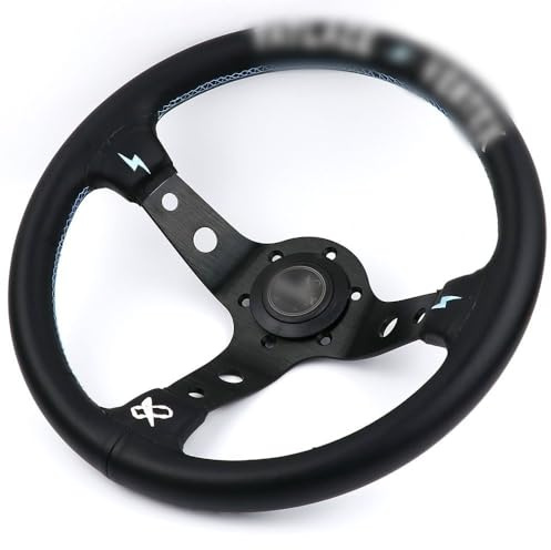 Lenkrad Auto,Steering Wheel 13inch Weiß Stickerei Schwarz-echtes Leder Drift Sport Lenkräder mit blauen Nähten