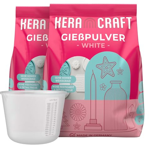 KERACRAFT Poudre de coulée blanche 2 x 4,5 kg avec gobelet en silicone de 1000 ml - Poudre de coulée relief blanche pour projets créatifs