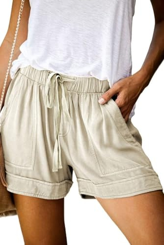 comefohome Shorts Womens UK Summer Drawstring Cotton Elastic High Waist Solid Color Casual Ladies Shorts with Pockets HS Khaki S