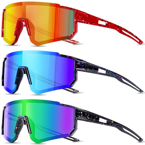 AGGKKY 3-pack barnsolglasögon, ungdom basebollsolglasögon för pojkar flickor, polariserade solglasögon, UV400, sport, cykling nyanser, lätt ram för barn i åldrarna 8-14 (röd/orange + svart/blå +