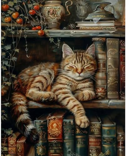 OkarinaArt Paint by Numbers for Adults Cat and Bookshelf, 16 x 20 Inch | DIY Acrylic Painting Kit for Beginners, Relaxing Hobby Painting Kit for Home Wall Decor, Gift Idea for Craft Lovers