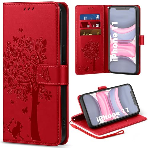 EASDNB Handyhülle für iPhone 11 Hülle Lederhülle Flip Wallet Case | 3 Kartenfächer, Magnet, Ständer, Premium Leder Prägung, Magnetic Closure, RFID Blockierung Klapphülle, 6.1, Rot