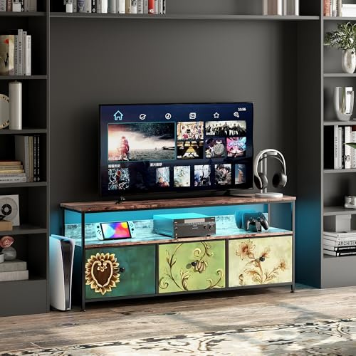 Henunem Armoire TV à LED - Meuble TV bas pour petits téléviseurs - Table TV - Changement de couleur LED - 137 cm - Avec espace de rangement ouvert et 3 tiroirs - Meuble TV (multicolore, 137 x 30 x 57