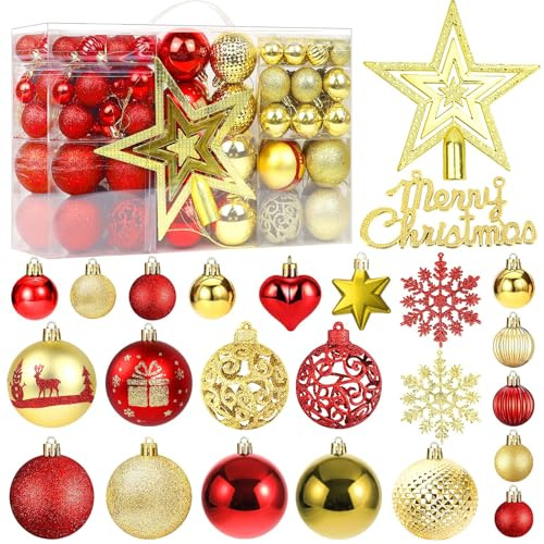 Weihnachtsbaumkugeln Ornamente Set, 101 Stück Weihnachtsbaum Dekorationen Christbaumkugeln mit Kugeln,Sterne,Schneeflocken Dekoration Weihnachten,Urlaub,Hochzeit, Party Dekorationen (Rot und Golden)