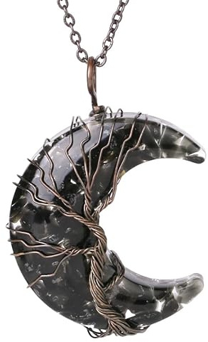 Générique Collier Pendentif Arbre De Vie Enroulé En Fil De Fer Reiki Pendentif Croissant De Lune Énergie Cristal Spirituel Bijoux Fait Main Naturel Gravier Pierre Précieuse Collier Pour Femme O
