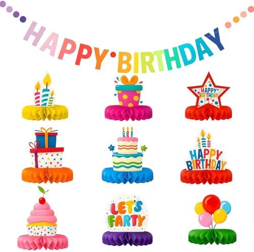 10 Stück Bunte Happy Birthday Tischdeko, Waben Tischdekoration Party Deko, Tischdekoration Party Deko,1 Stück Happy Birthday Girlande und 9 Stück Wabenbälle Tischdeko