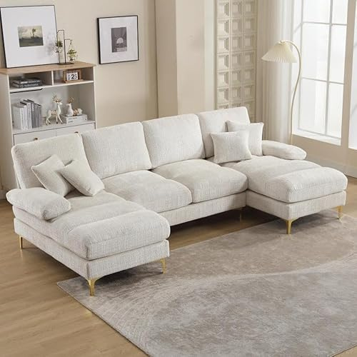 LIFEISLE 272CM Lange Sofa U-Form, Groß Couch mit Liegensitzen, Modulares Sofa 4 Sitzer Ecksofa mit Schlaffunktion für Wohnzimmer, Chenille-Stoff Beige