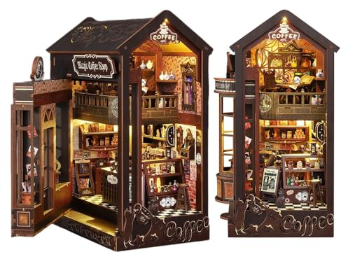 Book Nook Kits, 3D Wooden Puzzle Art Bookends with LED Lights, Magic Coffee Shop Furniture Accessories Creative Cafe Puzzle Toys, Teen Adults Gift For Birthday Christmas (Magic Coffee House)