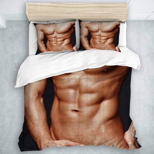 Bettwäsche 135x200 Sexy Mann 3D Bettwäsche-Sets Akt Microfaser Bettbezug Weiche Komfortabel Bettbezüge mit Reißverschluss and 2 Kissenbezüge 80x80 c2431