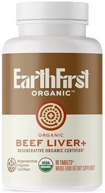 EarthFirst Organic Beef Liver+ – Regenerative Organic Certified Grass-Fed Liver Supplement – Natural Source of Iron, Vitamin A & B12 – Supports Energy, Detox & Metabolic Health – 90 Capsules