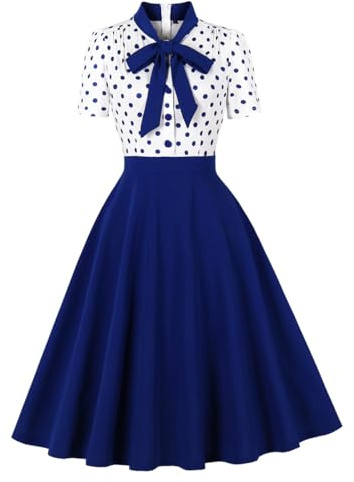 Wellwits Women's Tie Neck Polka Dots 1950s Vintage Cocktail Dress Blue M