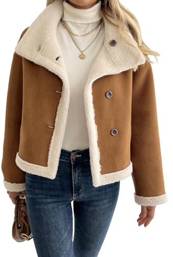 Ru Sweet Women's Reversible Faux Suede Jacket Fall Winter Sherpa Lined Fuzzy Fleece Cropped Jacket Overcoat (Brown,Medium)