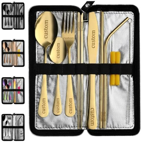 Personalised Engraved Cutlery Set | Custom Adult Cutlery Set | 9-Piece Stainless Steel Utensils | Knife, Fork, Spoons, Chopsticks & Straws | Portable Travel Case with Engraved Logo/Text (Gold)