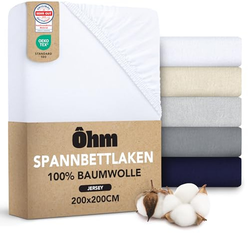 Ôhm Lenzuolo con Angoli Matrimoniale 200x200 cm Bianco – Jersey 100% Cotone Elasticizzato – Morbido e Traspirante – Angoli 28 cm per Materassi Alti – Certificato OEKO-TEX