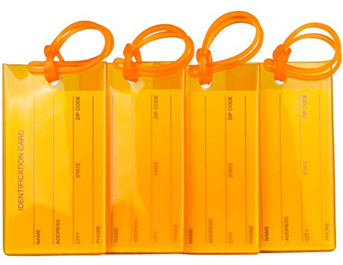 Pack de 4 identificadores de maletas | Etiquetas para maletas y mochilas | Fabricados en PVC flexible y resistente | Naranja