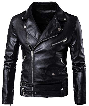 Lavnis Men's PU Leather Jacket Causal Belted Faux Leather Motorcycle Jacket Zipper Biker Coat Black M