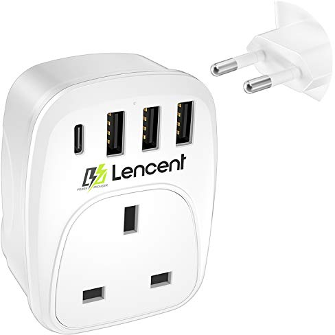 LENCENT UK to Italy Italian Plug Adapter,EU Euro Europe European Travel Adapter with 3 USB Ports &1 USB C Port for Italy Switzerland Germany Spain France Portugal Greece Russia and more (Type C)