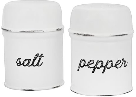 AuldHome Salt and Pepper Shaker Set (White); Rustic Enamelware Retro Vintage Style Shaker Set