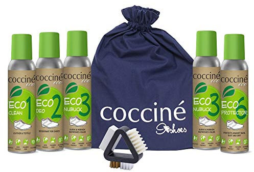 Cocciné - Wildleder Pflege Set | Nubuklederpflege | Nubuk Lederpflege | Schuhe Färben | Imprägnierspray Reiniger | Eco 5 x 200ml (Farblos & Schwarz)