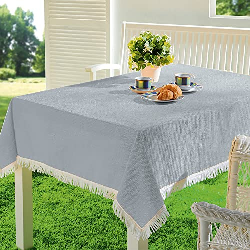 EMHELLE Gartentischdecke Garten Balkon Terrasse Tischdecke Camping Picknick Rund Oval Eckig Außen und Innenbereich Rutschhemmende Oberfläche mit weißen Fransen (130 x 160 cm, Silbergrau)