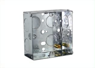 European, British, International Flush Mount Steel Electrical Wall Box ($6.90 Each - Sold in 10 Pack), 35mm deep with Earth Grounding Terminals, 20mm knockouts.
