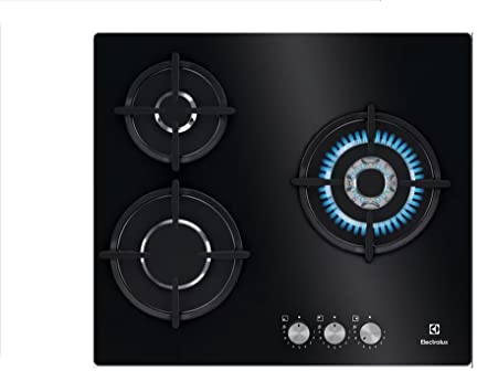 Electrolux KGE6633NOK Piano cottura a gas da 60 cm e 3 zone, Zona Wok, comandi anteriori, calore istantaneo, auto-accensione elettronica, termocoppia di sicurezza, include iniettori per scambio, nero
