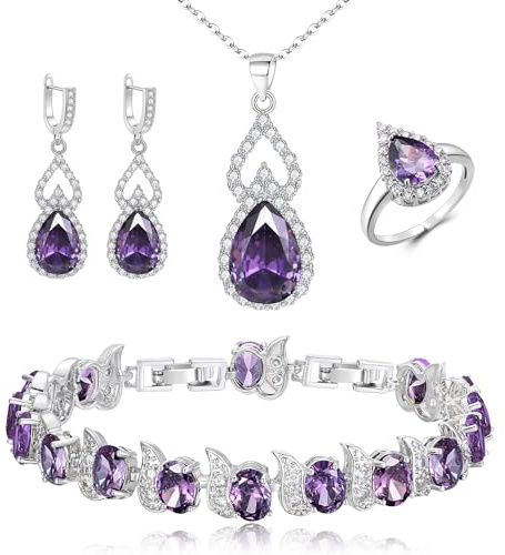 Clearine Schmuck-Set für Damen versilbert lila Teardrop Zirkonia Halskette offen verstellbaren Ring Ohrringe Armband Set für Hochzeit/Jubiläum/Muttertag