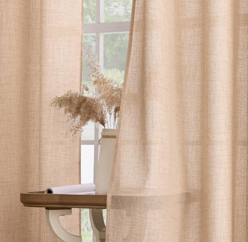 MIULEE Tende Lino con Anelli Effetto Lino Soggiorno Moderna Tenda Voile Semitrasparenti Naturale 2 Pezzi, 140 x 260 cm Beige-Rosa