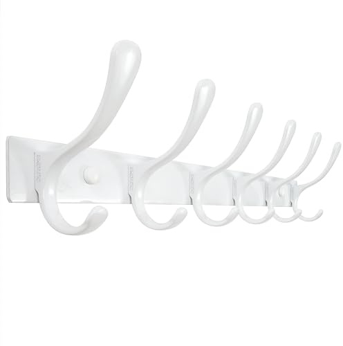 SKOLOO Coat Rack Wall Mounted - 6 Hooks, Heavy Duty, Stainless Steel, Metal Wall Coat Hanger, Sturdy Wall Hooks for Hanging Coat, Jacket, Clothes, Hat, White