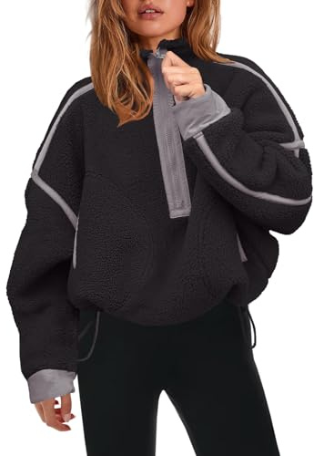 Panadila damtröja med halvlång dragkedja, sherpafleece, mjuk, överdimensionerad, sweatshirt med fickor, varm, fluffig tröja, svart, M