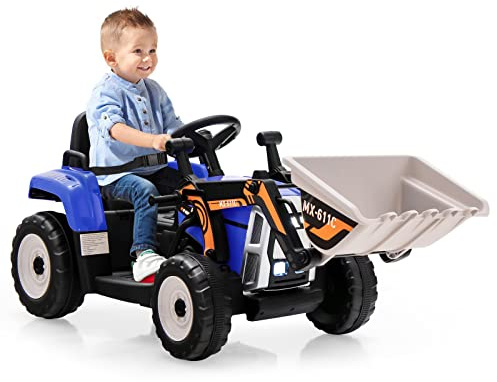 Maxmass Kids Ride on Bulldozer, 12V Battery Powered Ride on Excavator with Remote Control, Music, Horn, USB, Light, Light & Flexible Arm & Bucket, Toddler Construction Vehicle for Boys Girls (Blue)