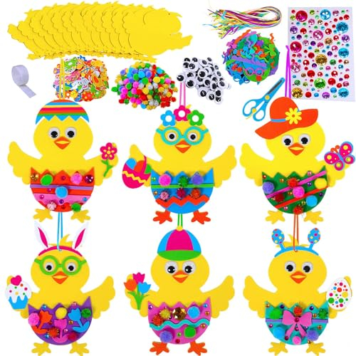 Sunwuun 12-teiliges Osterküken Bastelset, Basteln Frühling, Ostern Schaumstoff Aufkleber Pompons, Osterbasteln Kinder, Kinder Ostern Anhänger Deko, Bastelsets zum Ostern
