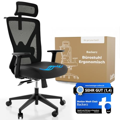 Backerz Bürostuhl Ergonomisch - Bürostühle 150kg, TUV & NEN 1335 Zertifiziert - Office Schreibtischstuhl - Chair - Ergonomischer Bürostuhl – Computerstuhl Höhenverstellbar & Rückenschonend – Schwarz