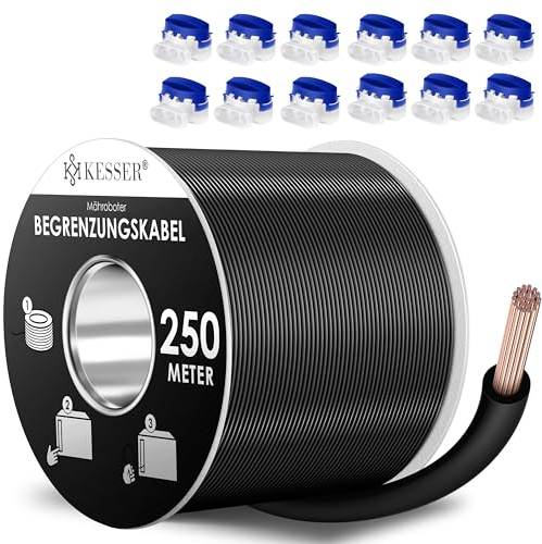 KESSER® Begrenzungskabel 250m + 12 Kabelverbinder für Mähroboter Rasenmäher Rasenroboter Zubehör Set Begrenzungsdraht Universal für Suchkabel kompatibel mit Gardena/Bosch/Worx/Einhell/Honda/ROBOMOW