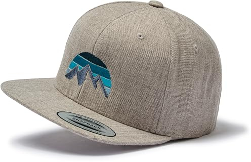 Cap Herren Flexfit Snapback : Three Peaks Berge - Kappi für Naturliebhaber Damen Baseball Cap Kappe Mütze Outdoor Natur Wald Kletter Ausrüstung Wander Zubehör (Heather Grey)